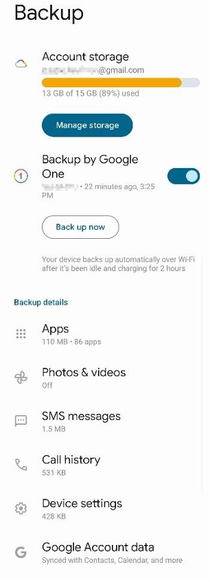 A screenshot of an Android account storage screen.
