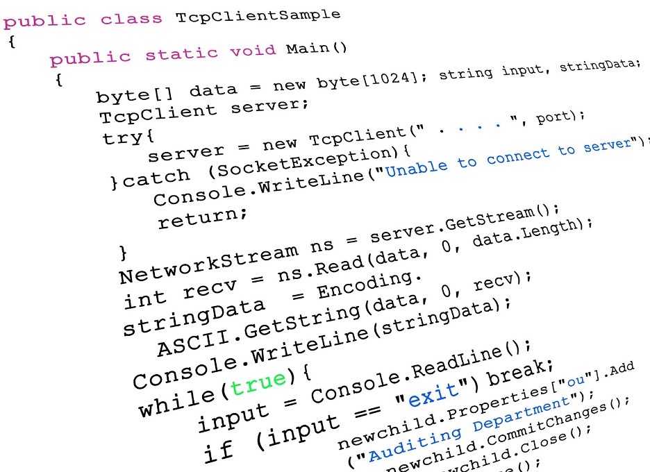 A decorative image showing stylized C# code.
