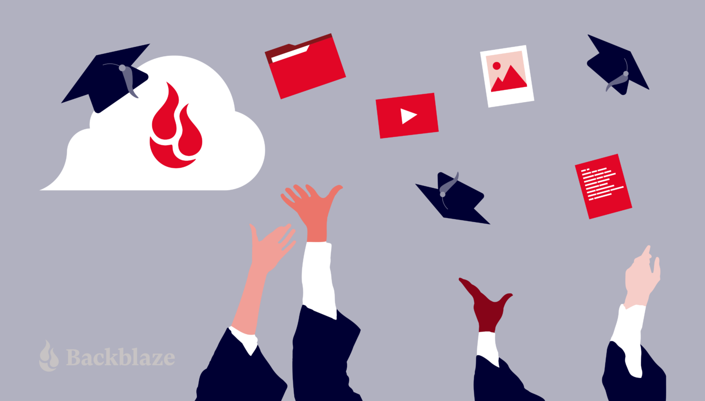 illustration of students throwing caps in the air with pictures, videos, and files in the cloud