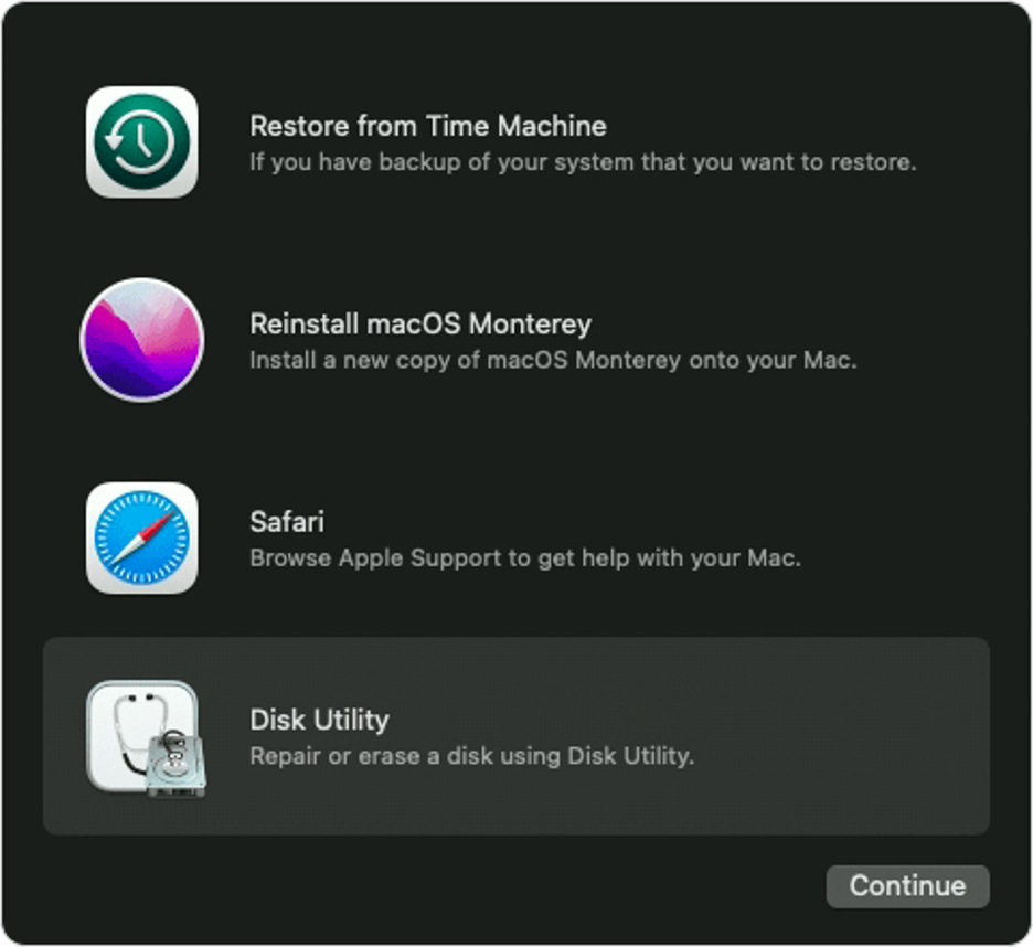 A screenshot of the Utilities > Disk Utility on a Mac computer.