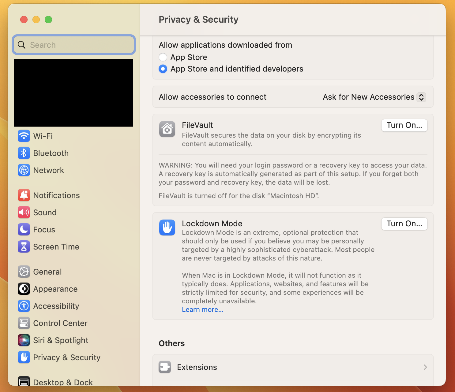 A screenshot of the System Settings > Privacy and Security on a Mac computer.