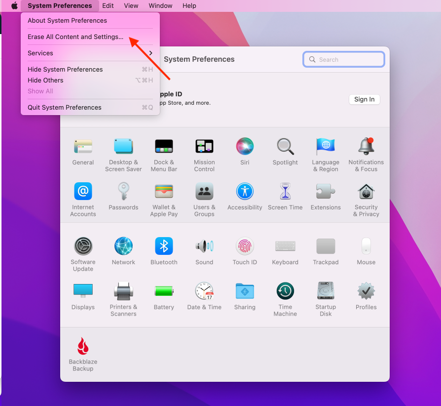 A screenshot of Mac System Preferences > Erase All Content And Settings in a computer running Mac operating system Monterey.