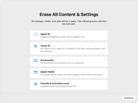 A screenshot of the Erase All Content and Settings assistant.