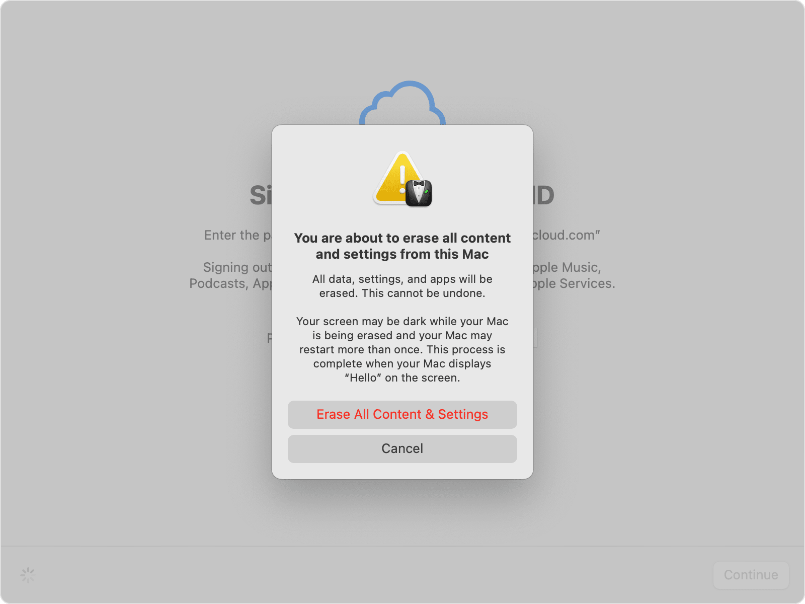 A screenshot of the confirmation screen to erase all content and settings.